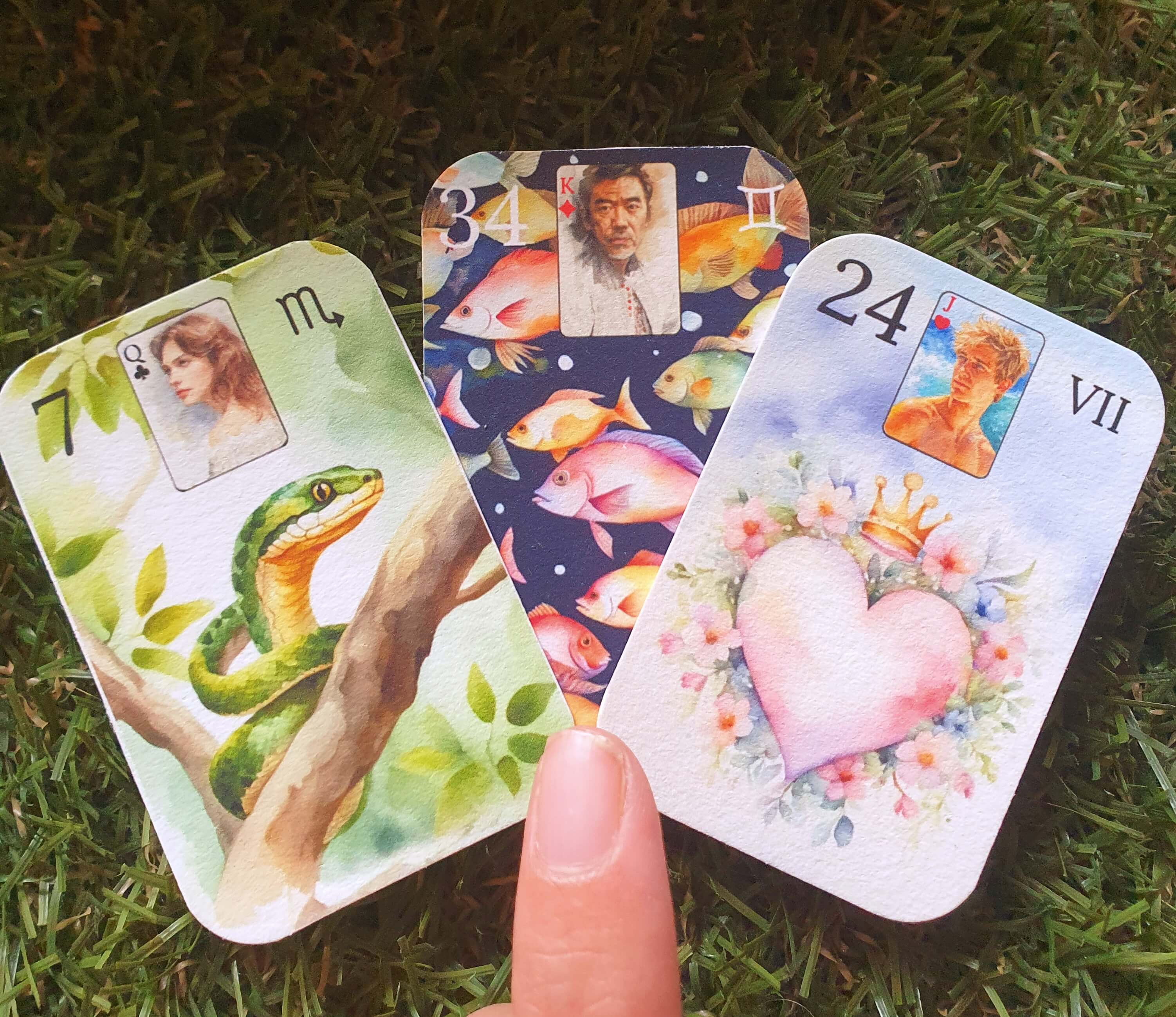 Modernized Court cards from the Petit Lenormand Aquarelle deck with directional orientation