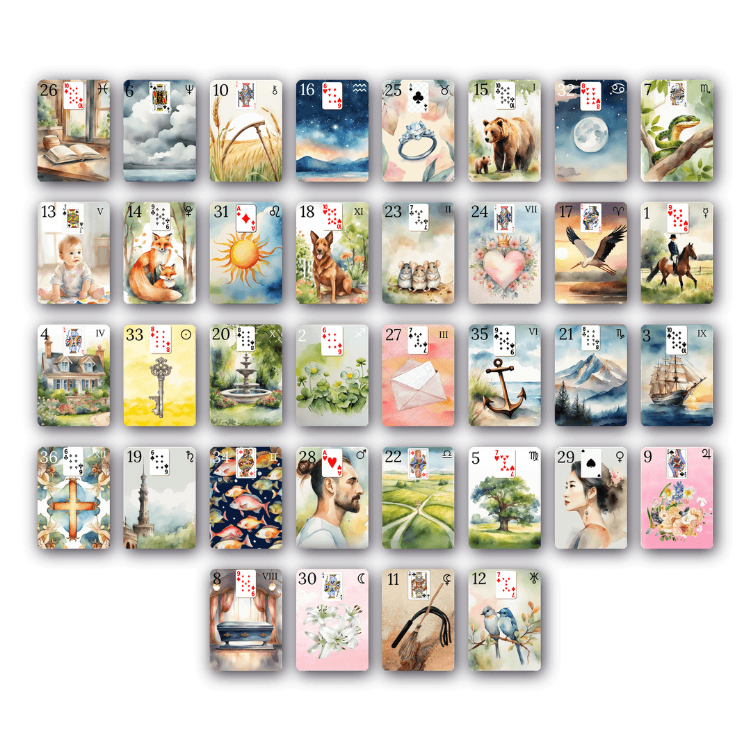 Complete Grand Tableau with all 36 cards from the Petit Lenormand watercolor deck